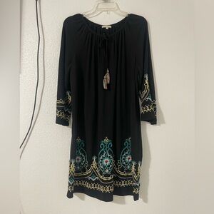 Kate & Sam Dress Black Embroidered 3/4 Sleeve Tie Large